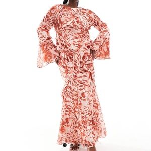 long sleeve ruffle maxi in satin and chitton mix in red animal print